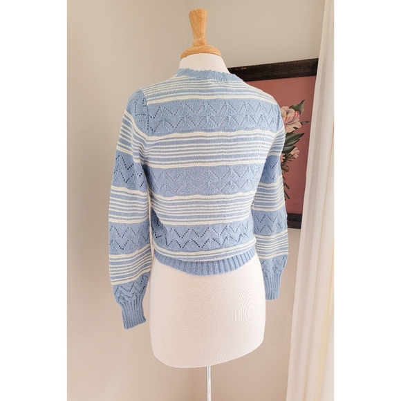 70s Pointelle Long Sleeve Cutwork 1970s Vintage Blue Striped Vintage Sweater - Picture 4 of 16